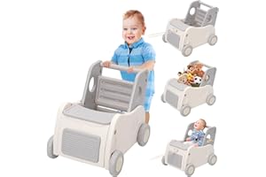EULEUY 4 in 1 Baby Push Learning Walker with Tray and Wheels,Push Along Toy for Kids with Safety Belt,Baby Ride on Car with Large Toy Storage Chest,Birthday Gifts for Boys Girls,White