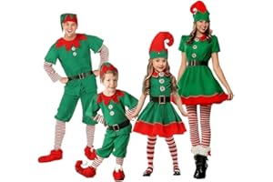 Genérico Disfraz Elfo de Navidad Elfo Navideño Disfraz Para NiñOs Niñas Niños Vestido, cinturón, medias y gorro, Duende Traje Ayudante Papanoel