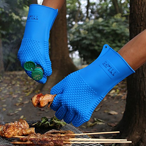 TTLIFE 2Sets Grillhandschuhe Extrem hitzebeständig BBQ Handschutz Handschuhe Ofenhandschuhe premium Qualität Kochhandschuhe (Blau 1)