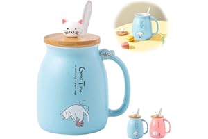 Ryvera Filiżanka z kotem, słodka ceramiczna filiżanka do kawy z pokrywką, prezent dla kobiet, 420 ml, łyżka ze stali nierdzewnej, Kawaii, kubek na mleko, koty, filiżanka do herbaty, Boże Narodzenie,