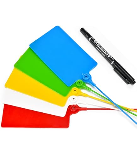 HEKOBAG 120 stuks plastic labellabels, grote waterdichte verzendlabels, waterdichte labels voor het labelen van verzendetiketten beveiligingszegels beschrijfbare markeerlabels met 2 markeerstiften, 10