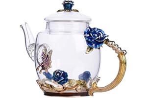 AYES Teiera in vetro smaltato resistente al calore, teiera in vetro smaltato con fiori, teiera creativa in vetro e set di tazze da tè Kung Fu (blu)