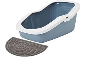 PETGARD ASEO - Caja de arena para gatos, color azul y blanco para razas pequeñas y medianas de gatos + alfombrilla