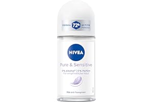 NIVEA Pure & Sensitive Deo Roll-On, antitraspirante adatto per pelli sensibili, deodorante senza profumo senza alcool etilico per 72 ore di protezione (50 ml)