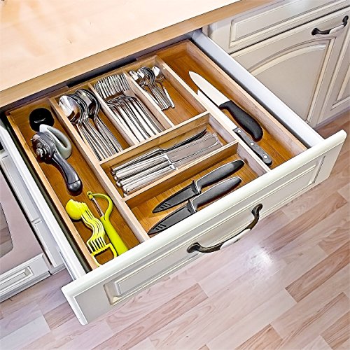 Relaxdays Besteckkasten verstellbar H x B x T: ca. 5 x 48 x 46 cm Schubladeneinsatz aus Bambus mit 5 bis 7 Fächern als Besteckeinsatz und Küchenorganizer große Besteckeinlage für die Schublade, natur - 3