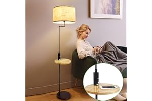 Depuley Lampa podłogowa LED z drewnianym stołem, lampa podłogowa 167 cm z portem USB, E27, klasyczny i nowoczesny styl, 9W żarówka dostarczać