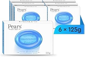 Pears Pure & Gentle Transparent Natural Soap Bar - Made with Mint Extracts, Nourishing and Refreshing Bathing Cleanser, Gentle & Soothing Skin Care, Pure Transparency, Pack of 6 x 125g