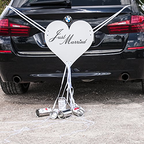 Autoschmuck „Herz mit Blechdosen“ – romantische Autodeko für die Hochzeit mit Aufschrift „Just Married“ … - 4