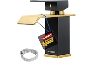 KUZOR 1PC Brass Stainless Steel Mixer Tap with G1/2 UK Standard Water Hoses - Waterfall Single Lever Sink Faucet for Bathroom/Basin/RV/Vanity - Height 5.55in, Weight 1.43 lbs - Matte Black and Gold
