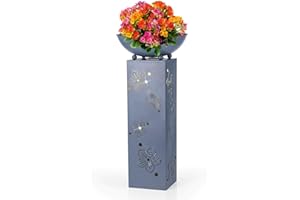 ‎HOBERG Hoberg LED Pflanzsäule 3D Blumen-Design in Beton-Optik | Abnehmbare Pflanzschale (Ø 34cm) In- und Outdoor geeignet | Integrierte Beleuchtung, 6h Timer, kabellos [19 x 19 x 72 cm]