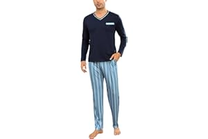 Demegimi Pijama Hombre Invierno Algodón Rayas Pijamas de Manga Larga para Hombres Conjuntos de Pijama de 2 Piezas Ropa de Dormir Cuello en V y Pantalones Largos Suaves