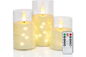 yunsheng Bezpłomieniowe świece LED z pilotem zdalnego sterowania i timerem, migocząca świeca na baterie, z wbudowanymi łańcuchami świetlnymi i akrylową osłoną, zestaw 3 szt. (3 x 4/5/6 cala)