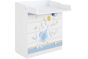 Shefa Kids 800 Baby Changing Table with Drawers - White Elephant with balloon, Compact Nursery Storage