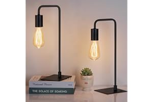 HAITRAL Industrial Table Lamps, Vintage Nightstand Lamps Set of 2, Simple & Classic Desk Lamp with Metal Body and Square Base, Bedside Lamps for Bedroom, Living Room, Office - Black