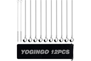 YOGINGO 10 Stück Strohhalme Löffel Trinkhalme Löffel Edelstahl Wiederverwendbarer Strohhalm mit 2 Reinigungsbürsten Geeignet zum Trinken Milchshake Smoothies Milchshakes Kaffee