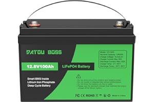 DATOUBOSS Batterie Lithium 12V100Ah LiFePO4 BMS intégré 100A 8000-15000Cycles Cycle Profond Batterie Lithium Max1280W Puissance supportée en série/parallèle,Parfait pour Solaire,Camping-Car,Off-Grid