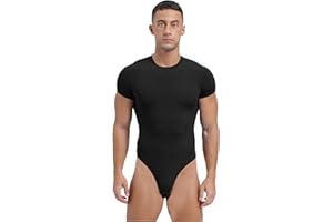 FEESHOW Mens Short Sleeve Mankini Bodysuit High Cut Thongs Leotard Tops Workout Rompers Undershirts