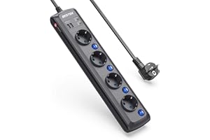 BESTEK Regleta de 4 enchufes con interruptor individual y protección contra sobretensiones 2000J, montaje en pared, 4000 W/16 A, cable 1,8 m, color negro