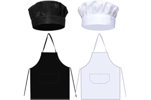 FUIPVGI 4 Pcs Apron and Chef Hat Set, Chef Outfit Adult, Chef Hat Apron Set Adjustable Apron with 2 Pockets, Suitable for Home Kitchen, Gardening, Cafes House, Baking, School Outdoors
