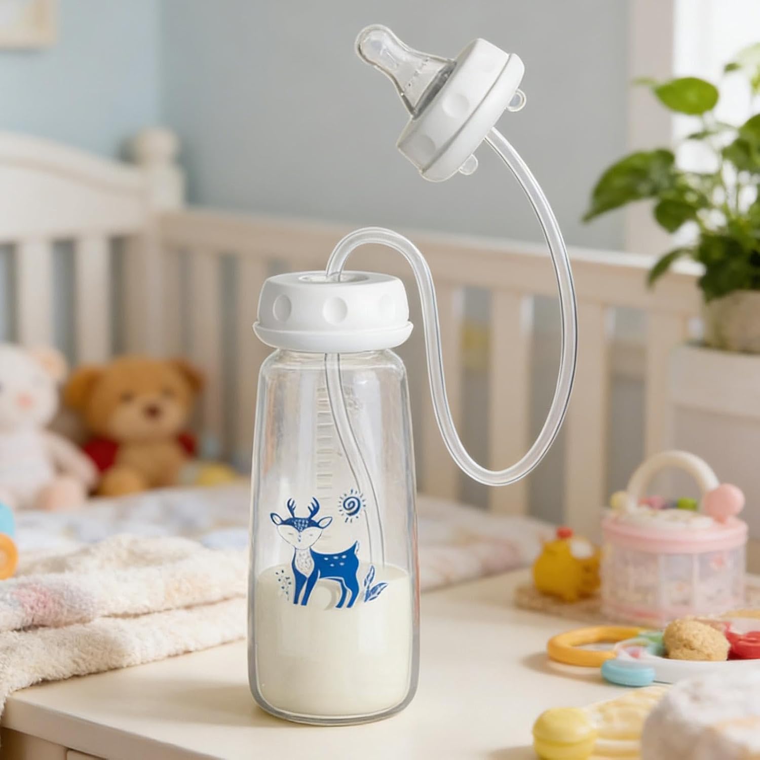 Straw Feeding Container, Non Slip Leakproof Milk Container, Nursing Nipple Bottle for Kids, Non Slip Milk Bottle with Straw for Kids, 240ml Leakproof Feeding Tool