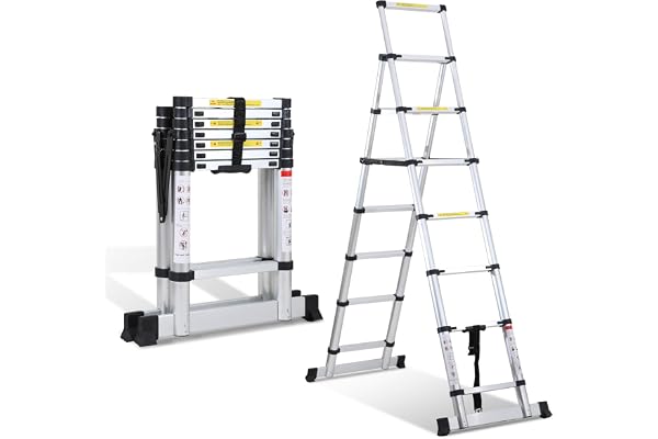 Cecaylie Teleskopstege på 2 +2,3 m, hopfällbar stege, halkfri aluminiumstege, utdragbar multifunktionsstege, ståstege, aluminiumledare, maximal belastning 150 kg