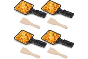 Salubohum 4 Stück Raclette Pfännchen, Käse Grillpfannen, antihaftbeschichtet, mit 4 Holzschaufeln für den universellen Elektrogrill, Grillen von Käse, Eiern