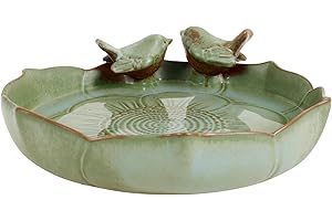 SUTOWE Bain d'oiseaux, rond, 24 cm, en céramique émaillée, avec 2 oiseaux décoratifs, vintage, pour extérieur, terrasse, balcon et pelouse