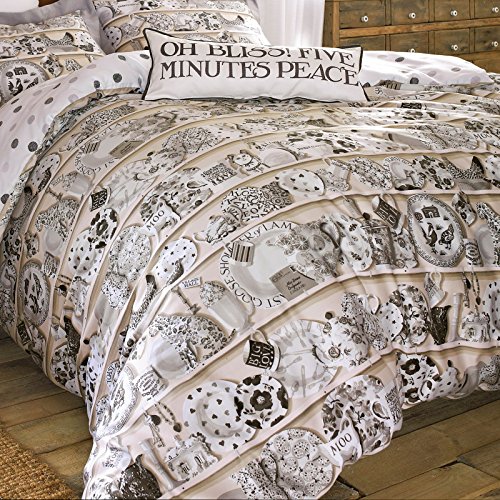 Dresser Bedding by designer Emma Bridgewater, featuring a display of favourite everyday china, in Neutral Cream, Beige and Brown tones (Superking)