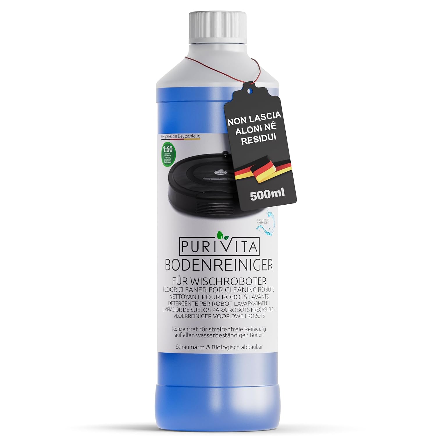 PURIVITA® Detergente Lavapavimenti Concentrato Robot e Lavasciuga, 500ml | Senza aloni, asciuga in fretta, non schiumogeno e senza risciacquo – per robot lavapavimenti, lavasciuga e pavimenti duri