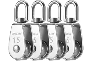 FURNRUBDEN NA 4pcs M15 bloque de polea, rodillo de polea de acero inoxidable 304, polea de línea de lavado, sistema de polea M15, gancho giratorio de grúa cable de carga de cable de 35 kg