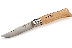 Opinel - N°08 Cuchillo de Bolsillo en Blister - Hoja de 8,5 cm de Acero Inoxidable - Mango de Madera de Haya - Uso Diario - Anillo de Seguridad Virobloc - Fabricación Francesa