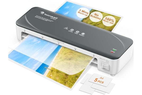 Bonsaii Plastifieuse A4 blanche avec technologie Anti-Jam - plastification rapide et uniforme de photos et documents, 80-125 microns, idéale pour les écoles, les bureaux et la maison (L418-C)