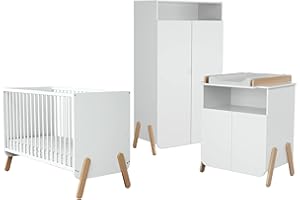 AT4 - Chambre PIRATE Blanc et Hêtre Verni | Lit bébé 60x120 | Armoire 6 étagères dont 4 réglables et une penderie | Plan à langer inclus