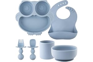 NOHLERLIFE Kinderteller Sets Silikon 6 Stücke, Geschirr Rutschfest mit Saugnapf BabyTeller, Schüssel, Einstellbar Lätzchen, Tasse, Löffel Gabel, BPA Freie Spülmaschine und Mikrowelle Safe (Dusty Blue)