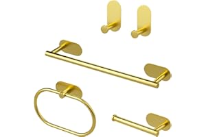 Sarsumir Gold Towel Rail Wall Mounted Toilet Roll Holder Hand Towel Holders For Bathrooms & Kitchen Stainless Steel Towel Rack Self Adhesive Hooks - 5 Pieces Bath Accessories Kit No Drilling