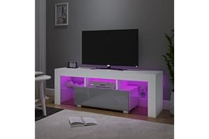 Panana 51inch TV Stand Storage Glass Shelves Big Drawer Sideboard 16 Colors RGB LED Lighted TV Cabinet for 32 40 43 50 55 inch 4k TV (White+Grey, With LED)