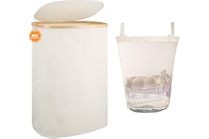 TESABMI Laundry Basket with Lid, 80L Washing Basket for Laundry Slim Laundry Basket with Bamboo Handles and A Removable Laundry Bag, Large Foldable Laundry Hamper for Dorm, Laundry Room, Bedroom, Bathroom