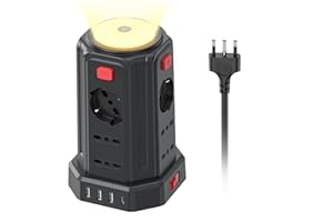 KEMELO 2 M Ciabatta Elettrica Multipresa con Luce Notturna 12 Prese Universali 10/16A ITA e Schuko e 3 USB A+1 USB C Protezione Sovratensione con 4 Interruttori Indipendenti per L'ufficio, La casa