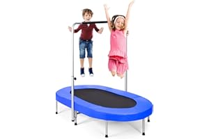 COSTWAY Trampoline for Toddlers, 2 Persons Foldable Fitness Trampolines with 5 Levels Height Adjustable Handle, Oval Rebounder Exercise Jumper for Kids, Teens and Adults