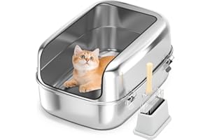 Bartuke Arenero para Gatos de Acero Inoxidable, XXL, semicerrado, extraíble, con Compartimento Lateral Alto, Pala, antifugas, Antiadherente y fácil de Limpiar