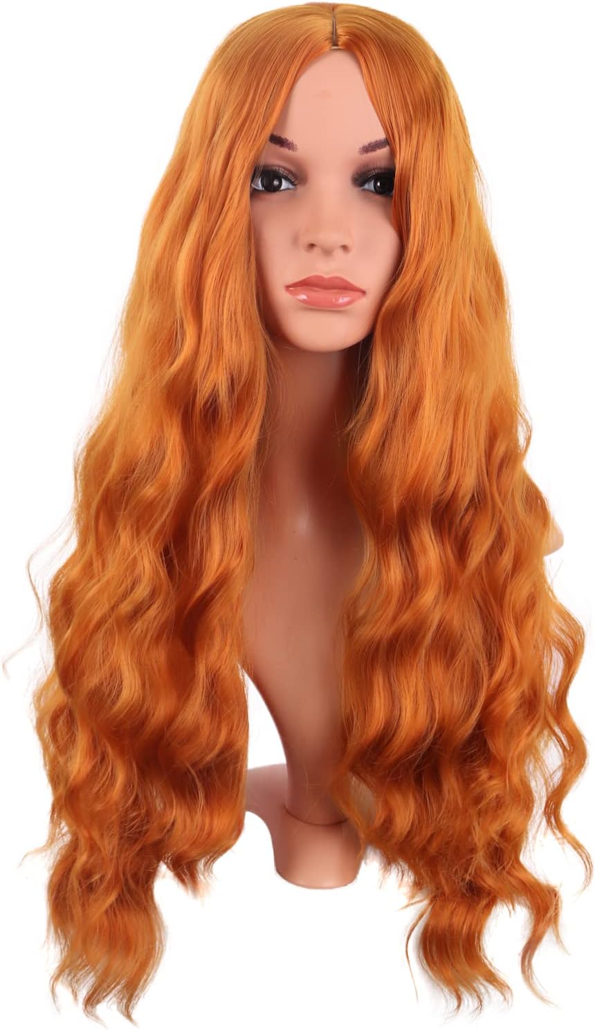 MapofBeauty 28 Pulgada/70 cm Largo Wavy Pelucas Middle Part Sintética Fibras Rizo Cabello Reemplazo Peluca Para Fiesta de Cosplay Diario (Naranja)