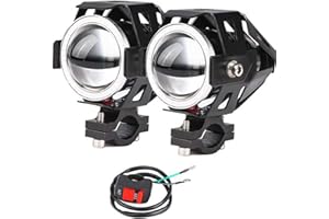 POCKETMAN 2x Motorcycle Headlights With Angel Eyes Lights U7 DRL Fog Driving Lamps for Cars Bike Boat ATV Front Spotlights High/Dim/Strobe 3 Modes 3500K Blue Color Included Switch