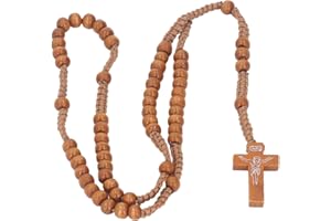 QCWWY 10 Stück Rosenkranz aus Holz, Katholischer Rosenkranz, Natürliche Holzperlen, Halskette, Kreuz, Kruzifix, Katholisches Gebet, Jesus, (Hellbraun)