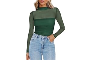 Zeagoo Camiseta de malla para mujer, transparente, cuello redondo, manga larga, sexy, para fiestas, corte ajustado, camiseta de manga larga