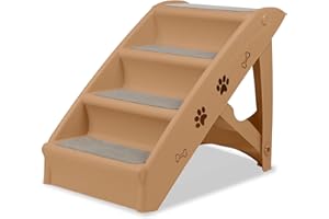 Froadp 49x38x61cm Escaliers Pliable pour Chiens en Plastique Rampes de Sécurité pour Chats avec 4 Marches & Feutre Tapis Portable Marchepied Antidérapant pour Lit Balcon Animaux de Compagnie, Marron