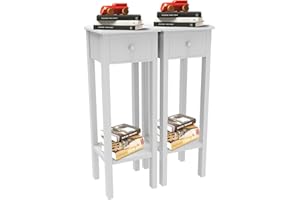 MAENGRE White Bedside Tables Set of 2 for Bedroom, Narrow Wooden Nightstand with Drawer & Shelf, Side Sofa Tables for Living Room, Tall Telephone Table Hallway Side Table, 25x25x70cm