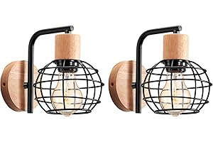 LIGKIN 2 Piezas Lámpara de Pared Vintage, Aplique de Pared Interior Industrial, E27 Madera Metal Vintage Diseño de Jaula Ø13cm Negro, Aplique Pared de Industrial para Salón, Pasillo, Dormitorio
