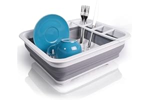 Amazy Escurreplatos Plegable y Libre de BPA - Rejilla de Secado para Cubiertos, vajilla, Vasos y Botellas, Incluye Estera de Goteo de plástico y Silicona para Fregadero y Cocina