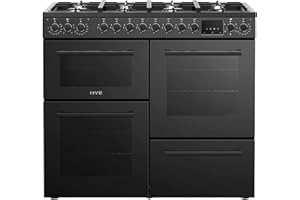 HYE Range Cooker 100cm - Duel Fuel Cooker & Hob, Sleek Black Finish, Freestanding Range Design, 8 Burner Gas Hob, Programmable With Digital Timer, Twin Electric Oven & Grill - C01R100G22
