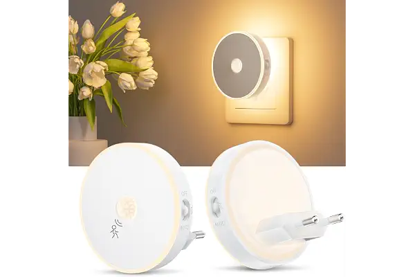 Luz Nocturna Infantil LED 2 Pcs, Luz LED Nocturna con Sensor de Movimiento | Lámpara de Noche Enchufable Brillo Ajustables, 3 Modos (AUTO/ON/OFF), Luz Noche para Niños/Escaleras/Dormitorio-Blanco Cálido